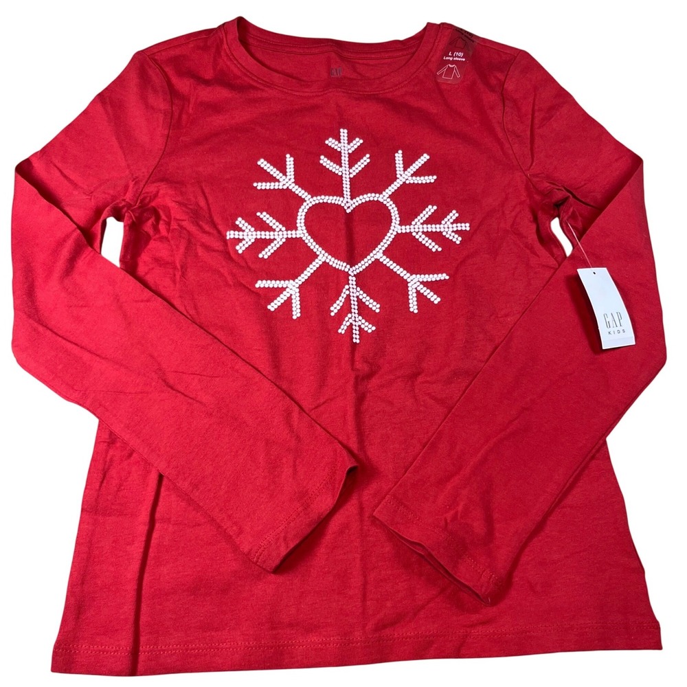 Gap Kids Girls Modern Red Snowflake Heart Long Sleeve Graphic Tee Shirt L 10 NWT